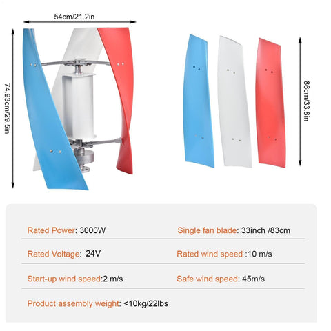 3000W Wind Turbine Kit With 12V 24V Vertical Axis Maglev Generator And Controller Quiet Three Blade Windmill with specs