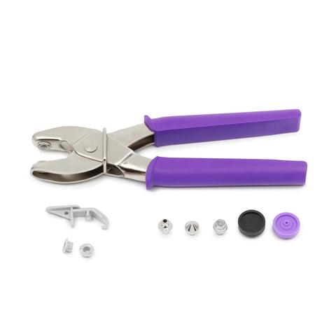 Beefy Heavy Duty Snap Pliers Kit For Size 24 5 8 Inch Metal Snap Fastener Tool with purple handheld snap setter and inserts