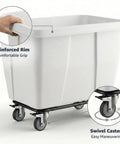 Heavy Duty White Rolling Garbage Can With 600 Pound Load Rating And 12 Cubic Foot Construction Dump Cart showing reinforced rim and swivel casters for easy maneuvering.