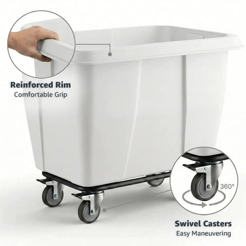 Heavy Duty White Rolling Garbage Can With 600 Pound Load Rating And 12 Cubic Foot Construction Dump Cart showing reinforced rim and swivel casters for easy maneuvering.