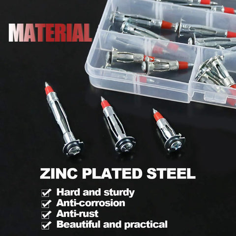 24 Piece Hollow Wall Anchors Kit With 3 Sizes 35mm 46mm 59mm Long Zinc Plated Steel Heavy Duty Molly Bolts on black background