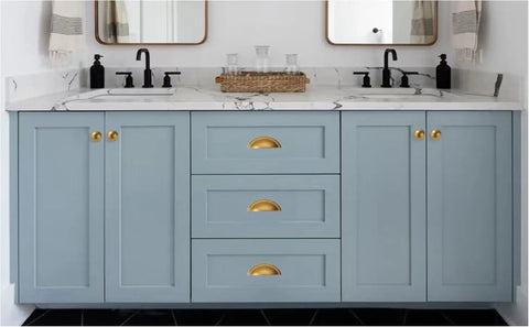 Light blue cabinet with six pack antique brass drawer pulls 3 inch hole center cabinet cup pulls vintage kitchen hardware handles