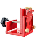 Solid As A Rock Aluminum Pocket Hole Jig With No Sweat Setup For Custom Furniture And Cabinet Build Adjustable Drill Depth Ranging Twelve To Forty Five Millimeters Killer Woodworking Gear Red Coating close-up view of jig with adjustable settings