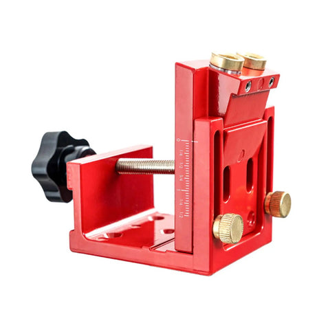 Solid As A Rock Aluminum Pocket Hole Jig With No Sweat Setup For Custom Furniture And Cabinet Build Adjustable Drill Depth Ranging Twelve To Forty Five Millimeters Killer Woodworking Gear Red Coating close-up view of jig with adjustable settings