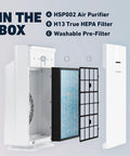 Front view of white Hathaspace HSP002 air purifier with H13 HEPA filter and washable pre-filter