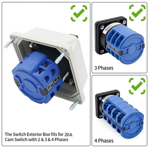 SZW26 20 4 L Cam Switch Enclosure Weatherproof Box For 20A Switches showing 2, 3, 4 phase compatibility