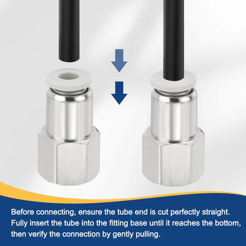 Two Pack Push To Connect Fittings One Quarter Inch NPT Female To Five Thirty Second Inch Tube OD Female Thread Straight Quick Connect Air Lines For Pneumatic Equipment White showing tube insertion