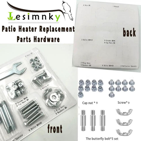 All Purpose Patio Heater Bolt And Nut Replacement Kit showing contents and packaging with hardware tools and fasteners.