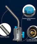 Trigger Start Gas Welding Torch Head for Propane and MAP PRO Fuel, showing 1.5 inch extension nozzle, flame adjustment knob.
