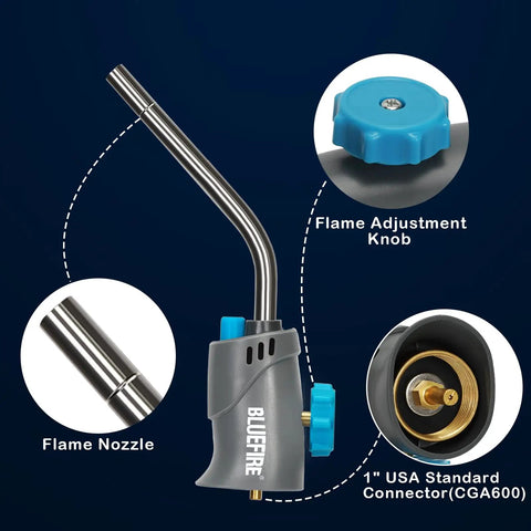 Trigger Start Gas Welding Torch Head for Propane and MAP PRO Fuel, showing 1.5 inch extension nozzle, flame adjustment knob.