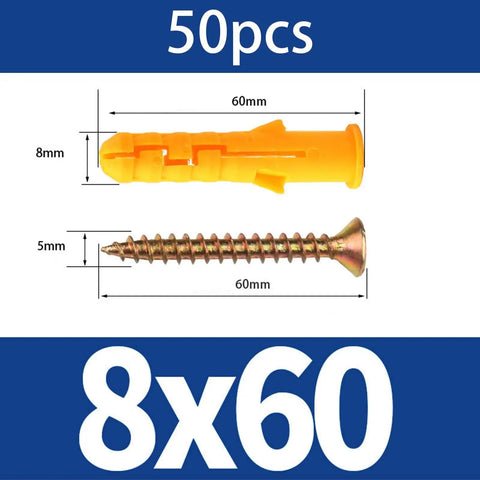 Yellow Plastic Expansion Anchor Kit With Zinc Plated Self Tapping Screws For Drywall Concrete Brick Hollow Walls 8mm Wall Plugs 50
