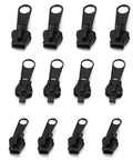 12 black pulls and sliders from the 12 Piece Zipper Repair Kit With Replacement Sliders And Pulls For Jackets, Clothes And Backpacks