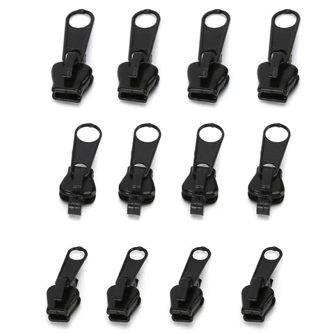 12 black pulls and sliders from the 12 Piece Zipper Repair Kit With Replacement Sliders And Pulls For Jackets, Clothes And Backpacks