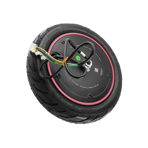 Rear view of Brushless Electric Skateboard Replacement Motor 36V 350W Powerhouse with wiring and wheel attachments.