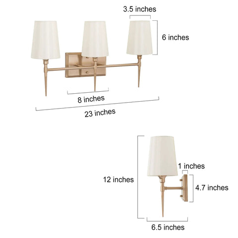 Three Light Gold Vanity Light Fixture With White Fabric Shade For Modern Bathroom, 23 Inch Length, dimensions diagram