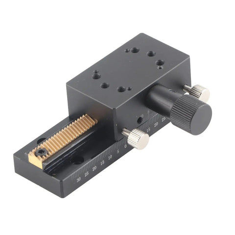 Pro Grade Manual X Axis Linear Translation Stage with Rack and Pinion, compact 1.2x2 in, viewed from top angle for optical work