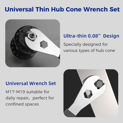 Ultra Thin Hub Cone Wrench Set 4 Pcs With 13mm 14mm 15mm 16mm Open End And 16mm Box End CrV Steel NiCr Plated in use on bike hub