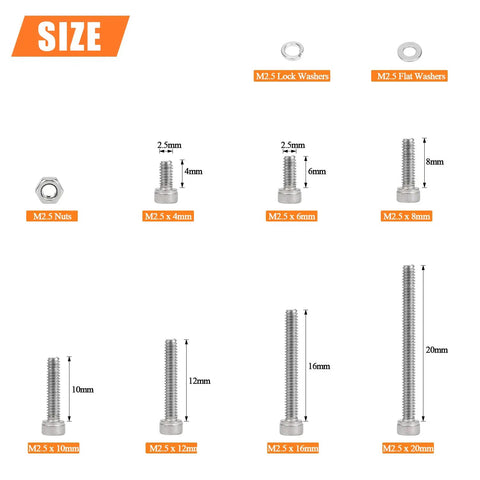 Pro Grade Heavy Duty Hex Socket Head Cap Screws Kit In 304 Stainless Steel, M2.5 Thread, includes bolts, nuts, washers, 7 sizes