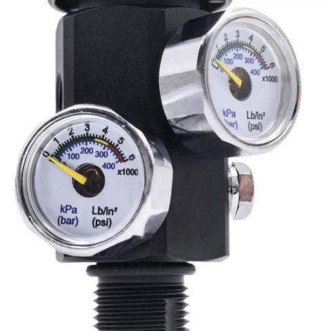 DIN Valve Scuba Adapter Regulator With Gauge For Air Tank Filling Station 5 8 18UNF Connection, featuring dual pressure gauges.