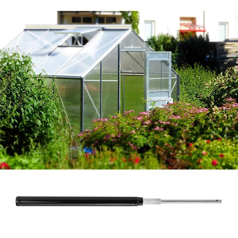 Greenhouse Automatic Vent Opener Kit With Double Spring Roof Control for wooden and aluminum greenhouses beside blooming garden