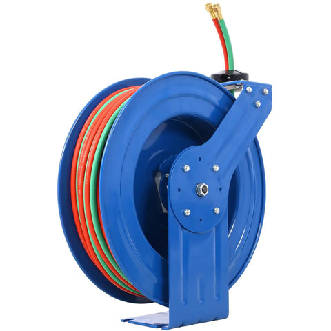 Retractable Welding Hose Reel With 1 Quarter Inch By 100 Foot Twin Oxygen And Acetylene Rubber Hoses 200 PSI Max Heavy Duty Industrial