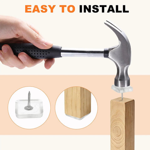 No Drama Nail On Sliders Tough Plastic Floor Savers Keeping Your Hardwood Floors Pristine shown being installed with a hammer on wood.