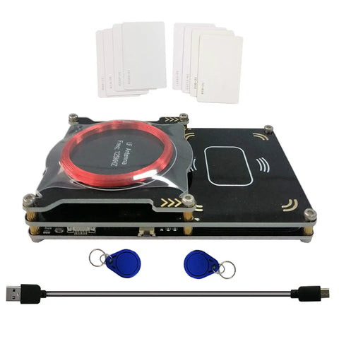 Beefed Up 512K RFID Card Reader With Built In Antenna displaying test cards and USB cable, ideal for lab security hobbyists