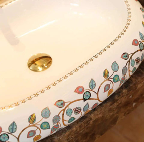 Damn Fine Hand Painted Oval Countertop Washbasin With A Truly Knockout Leaf Pattern Heavy Duty Ceramic Bathroom Sink close-up view.