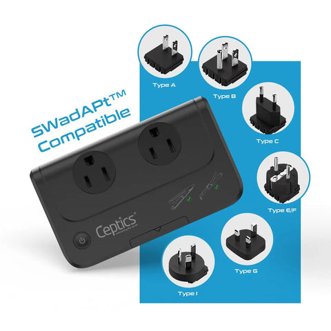 Six In One Travel Adapter And Voltage Converter With Surge Protection For 220V To 110V Countries, various plug types shown