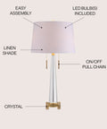 Crystal LED Table Lamp In Clear And Brass Gold Finish, 29.5 Inch Two Light Contemporary Glam Bedside Lamp With White Linen Drum Shade