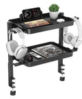 Clamp On Desk Organizer 2 Tier Above Or Under Desk Shelves With Large Capacity Tray Space Saving Phone And Tablet Holder And Headphone Hook No Drilling Desktop Storage For Office And Home, featuring two trays with small items and headphones.