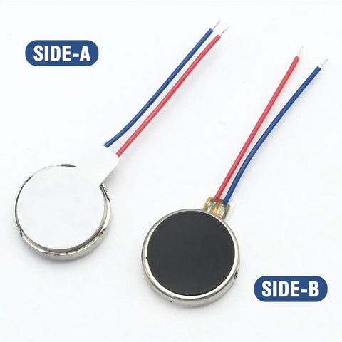 Side-by-side view of Beefy Mini 10mm By 2mm Flat Coin Button Type Vibration Motors DC 3V 12000 RPM Micro Vibe Motors, front and back.