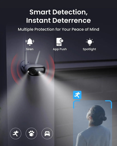 Ultra Wide 180 Degree Dual Lens 4K 8MP Security Camera With Dual Band WiFi 6 Motion Tracking Color Night Vision No Hassle Plug In Power MicroSD Up To 512GB Indoor Outdoor Surveillance For Garage Home And Yard in use with spotlight and smart detection features.