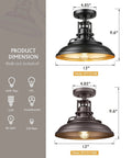 Product dimensions for two models of One Light Semi Flush Mount Outdoor Ceiling Light In Oil Rubbed Bronze Finish Vintage Industrial Farmhouse Style Fixture For Hallways Porches Laundry Rooms And Foyers 12 Inches