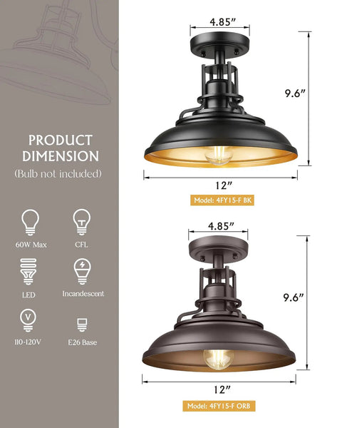 Product dimensions for two models of One Light Semi Flush Mount Outdoor Ceiling Light In Oil Rubbed Bronze Finish Vintage Industrial Farmhouse Style Fixture For Hallways Porches Laundry Rooms And Foyers 12 Inches