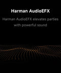 Harman AudioEFX graphic showing sound waves, emphasizing the Boom Out Loud Party Bluetooth Speaker 50W Power features.