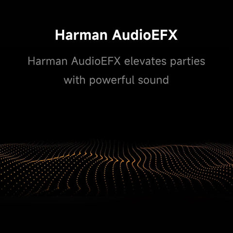 Harman AudioEFX graphic showing sound waves, emphasizing the Boom Out Loud Party Bluetooth Speaker 50W Power features.