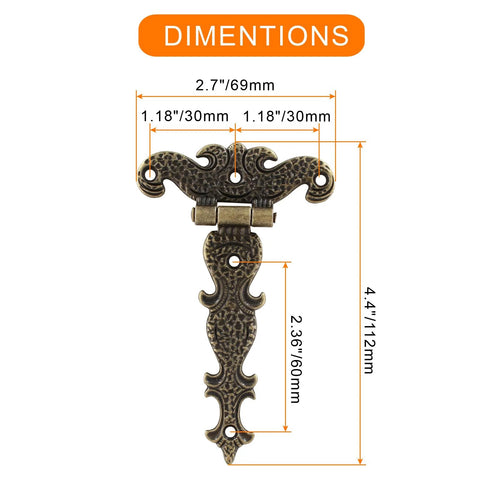Dimensions of Four Piece Antique Bronze T Strap Hinges Set For Wood Fence Gates And Windows, 4.4 x 2.7 inches, decorative design.