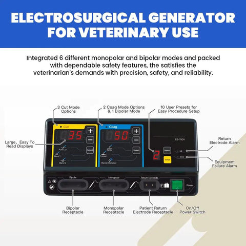 Veterinary Electrosurgical Unit 100W High Frequency ESU for pet surgery with monopolar and bipolar cautery modes