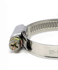 Close-up of stainless steel hose clamp with hex-socket screw and worm-drive band for 8–60mm hoses