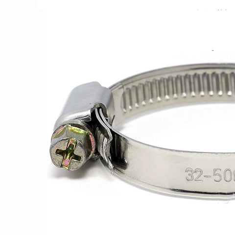 Close-up of stainless steel hose clamp with hex-socket screw and worm-drive band for 8–60mm hoses