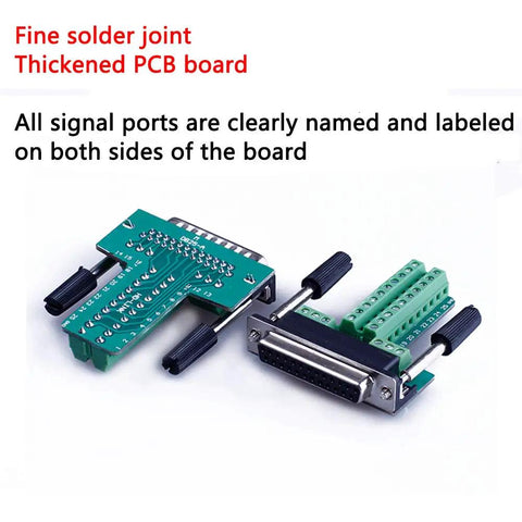 Two Pack DB25 Solderless Connector Kit For RS232 D Sub Serial To 25 Pin Breakout Gear with labeled signal ports visible