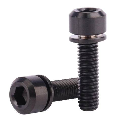 Black metal hex-socket bolts with flange and washer; two bolts, front and side views.