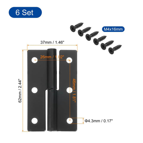 Six Pack Of Top Shelf Black Iron Lift Off Hinges Kickin It Easy For Left Handed Cabinets with screws and dimensions shown.