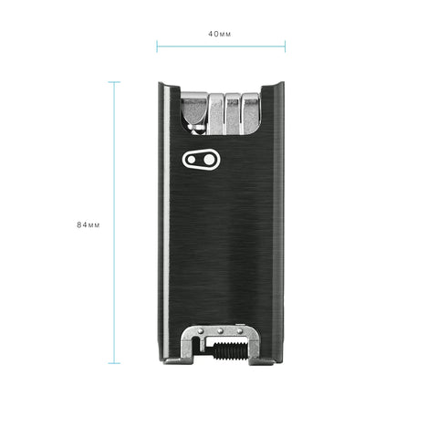 Front view of Beast Of A F15 Bike Multitool with Chain Tool and Hex Wrenches in black magnetic case, 84mm height, 40mm width