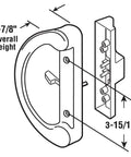 Diagram of Patio Door Handle Set With Mortise Lock For Sliding Glass Doors Non Keyed Latch White Diecast 45 Degree Design Replacement Fits Three And Fifteen Sixteenths Inch Screw Hole Spacing Reversible Non Handed Easy Install showing dimensions.