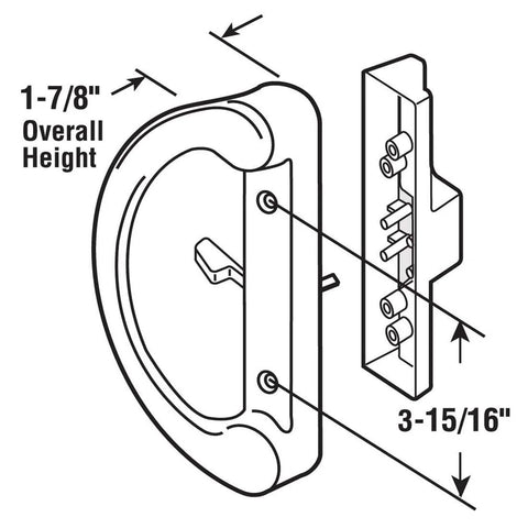 Diagram of Patio Door Handle Set With Mortise Lock For Sliding Glass Doors Non Keyed Latch White Diecast 45 Degree Design Replacement Fits Three And Fifteen Sixteenths Inch Screw Hole Spacing Reversible Non Handed Easy Install showing dimensions.