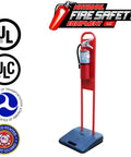 Heavy Duty Fire Extinguisher Stand for 5 10 or 20 LB Canisters Indoor Outdoor with sand weighted base and integrated handle.