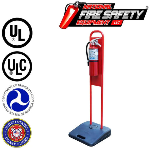 Heavy Duty Fire Extinguisher Stand for 5 10 or 20 LB Canisters Indoor Outdoor with sand weighted base and integrated handle.
