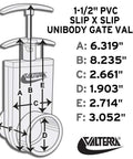 Front diagram of Valterra 2101X PVC gate valve, white, 1-1/2-inch slip x slip, unibody with gate keeper